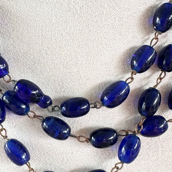 Brilliant Deep Blue Ethnic Hand-Made Glass Beads Necklace Wired 41" Long - Picture 2 of 10